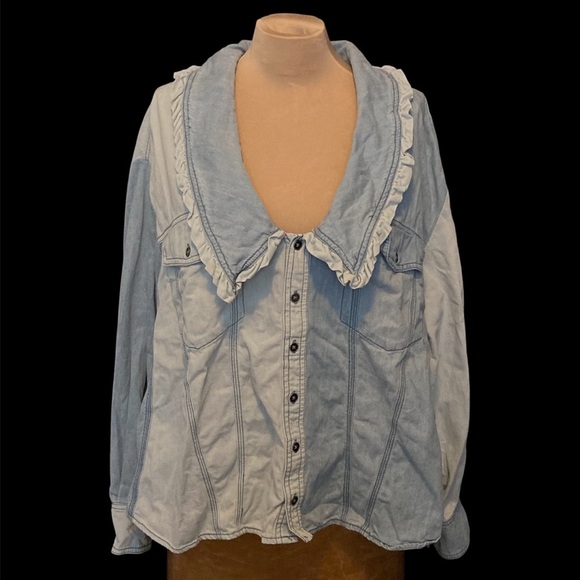 Free People Daisy Baby Patchwork Denim Top with Wide Collar and Ruffle Detail - Picture 11 of 13